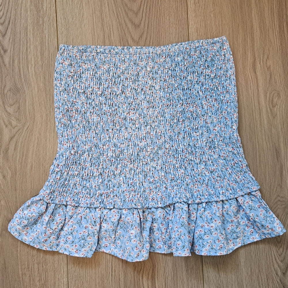 Lulu's Blue and White Smocked Trumpet Mini Skirt